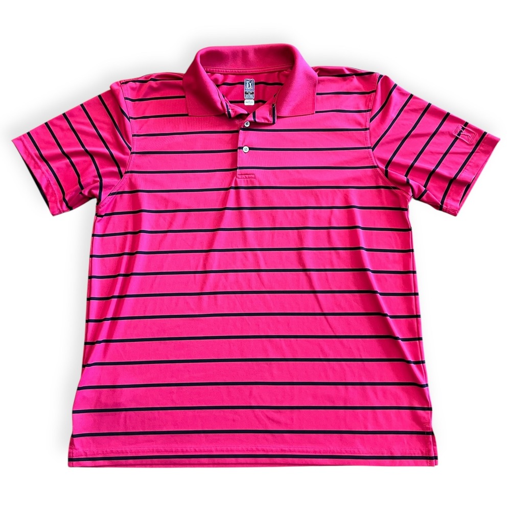 Antigua PGA Tour XL Pink‎ Black Striped Golf Polo Shirt Men's Performance